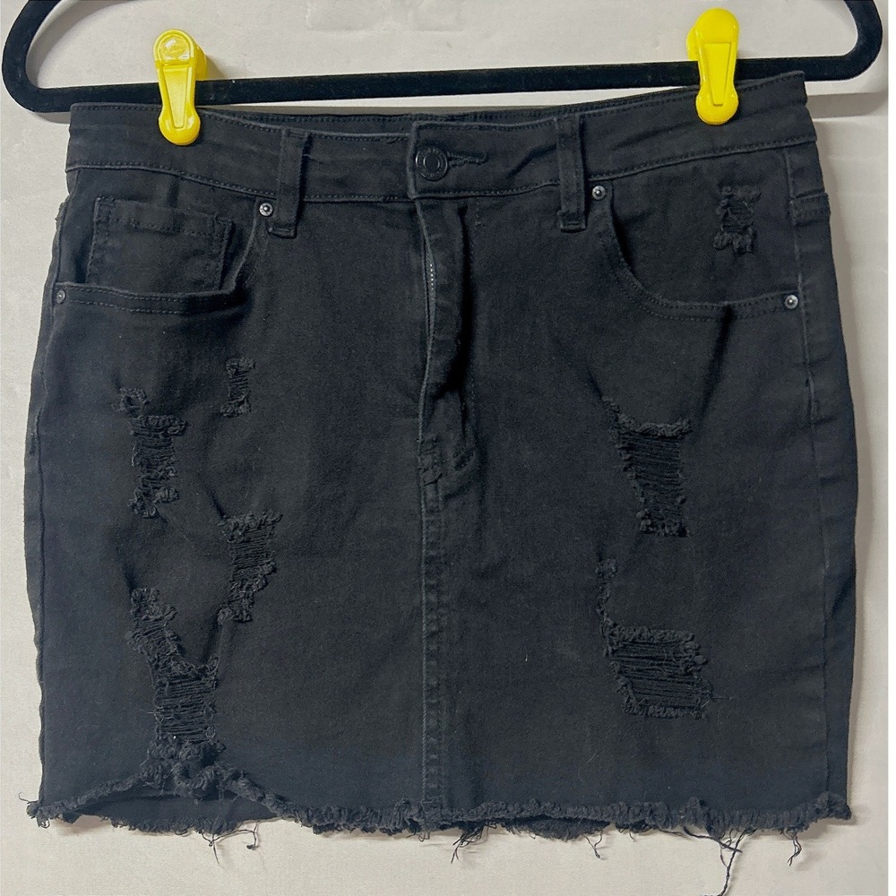 Wax Jean Black Distressed Grunge Denim Mini Skirt Raw Hem Stretch L